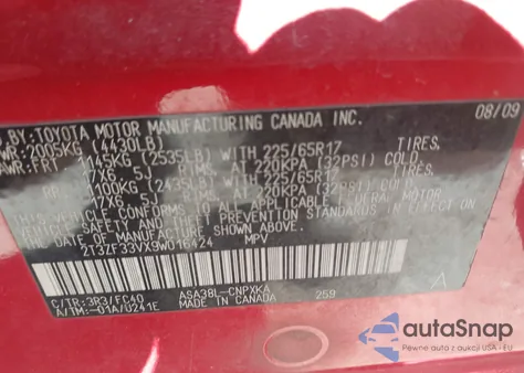 2009 Toyota Rav4 z USA, uszkodzony, nr VIN 2T3ZF33VX9W016424